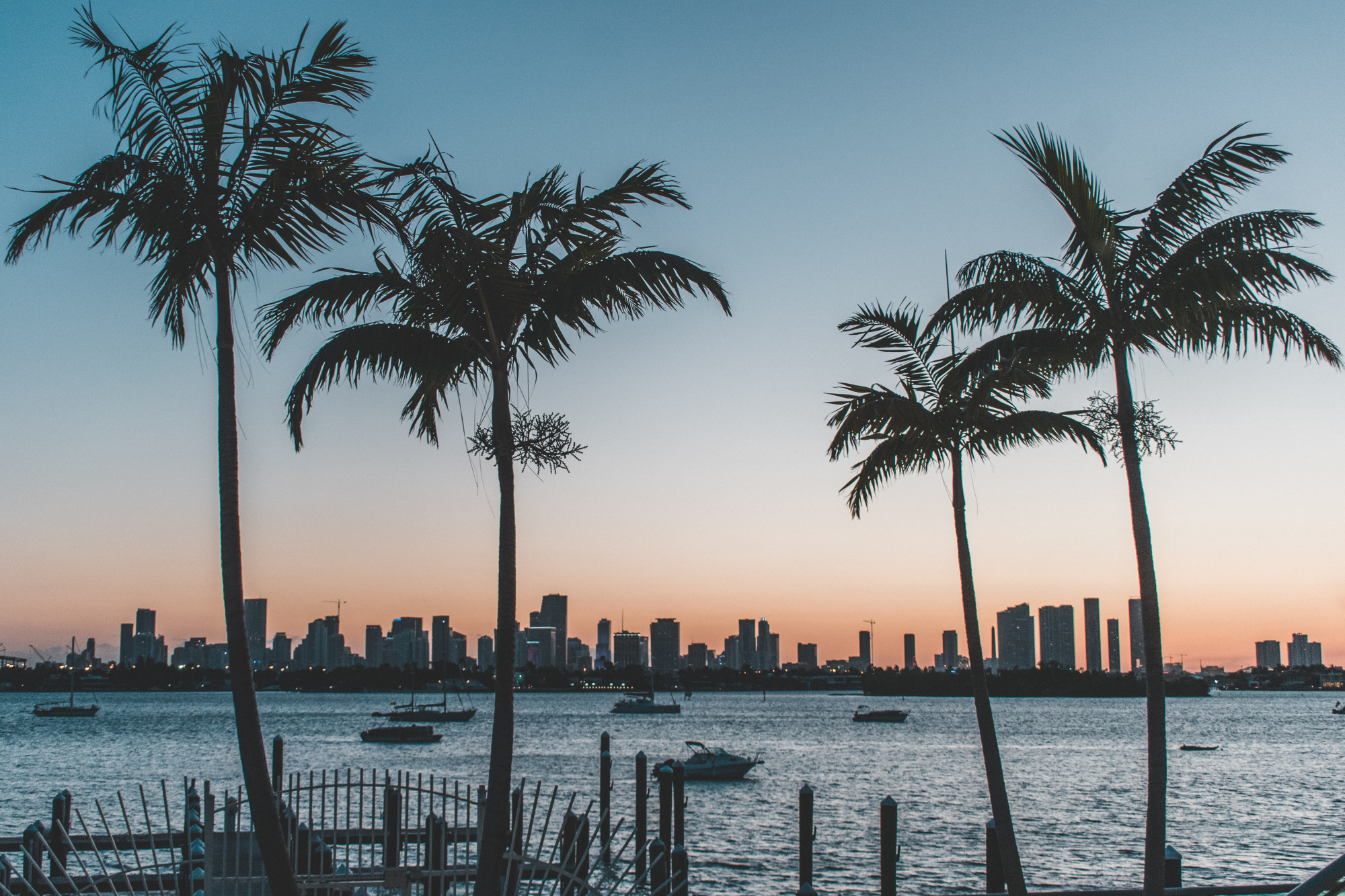 Skyline van Miami, Florida tijdens zonsondergang met palmbomen en boten