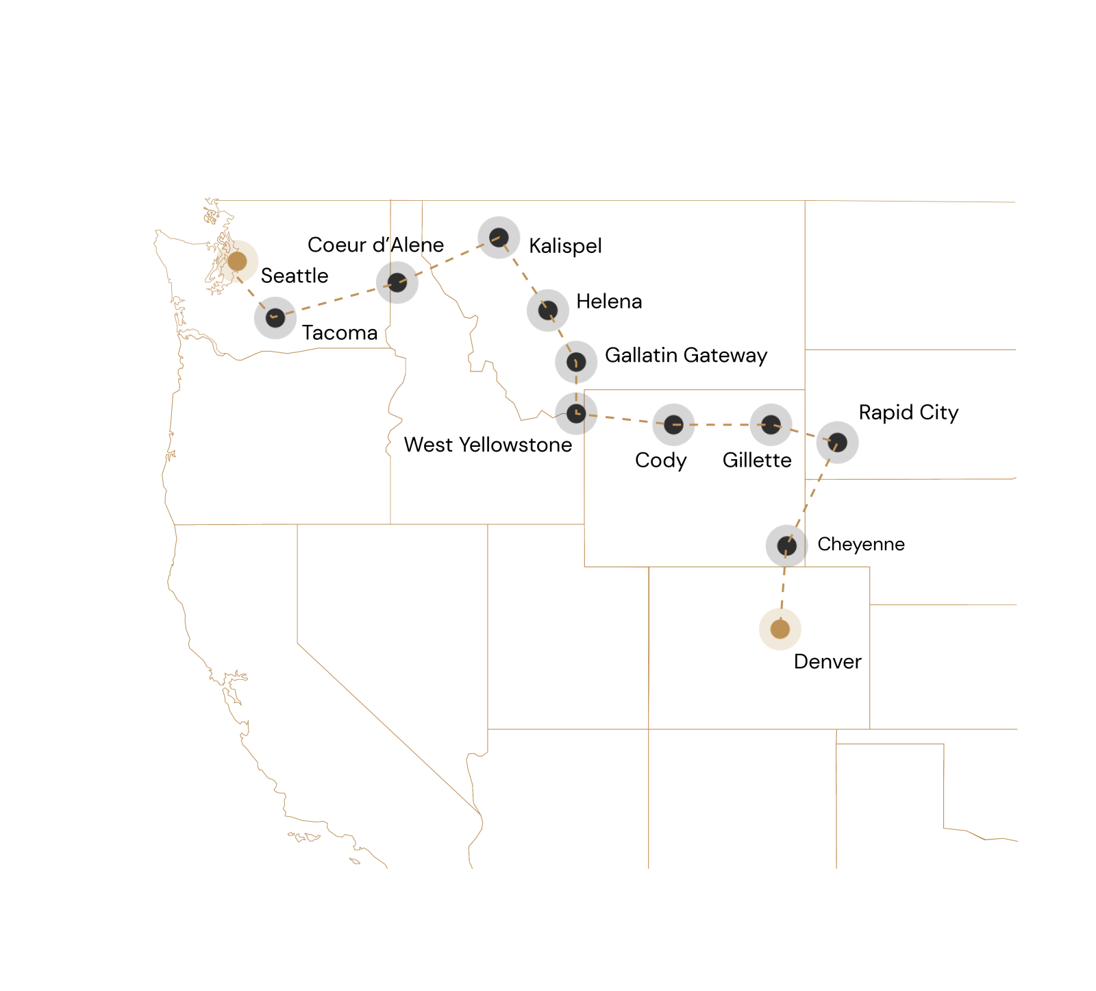 Kaart Amerika route van Seattle naar de Rocky Mountains van Amerika