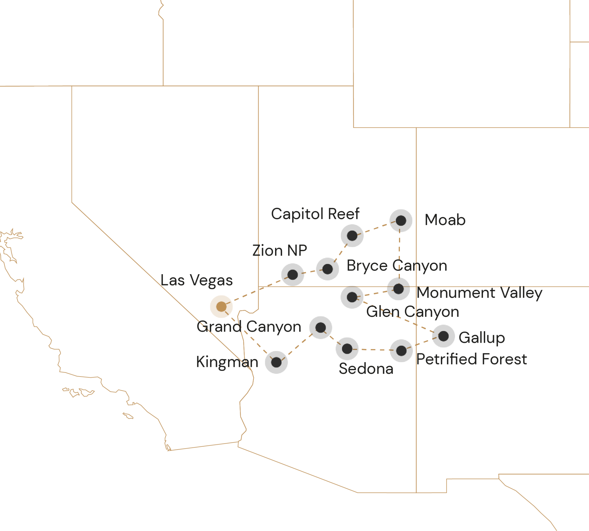 Kaartje Camperrondreis natuurschoon van zuidwest-Amerika