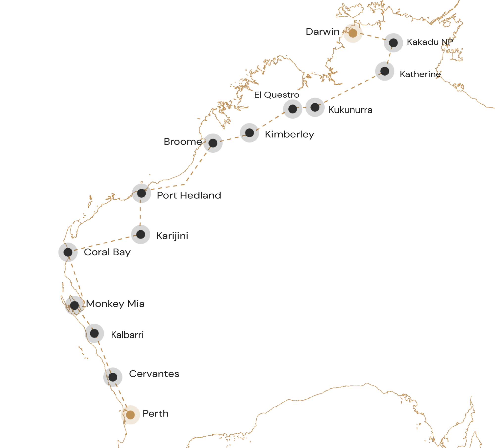 Route Van Darwin naar Perth