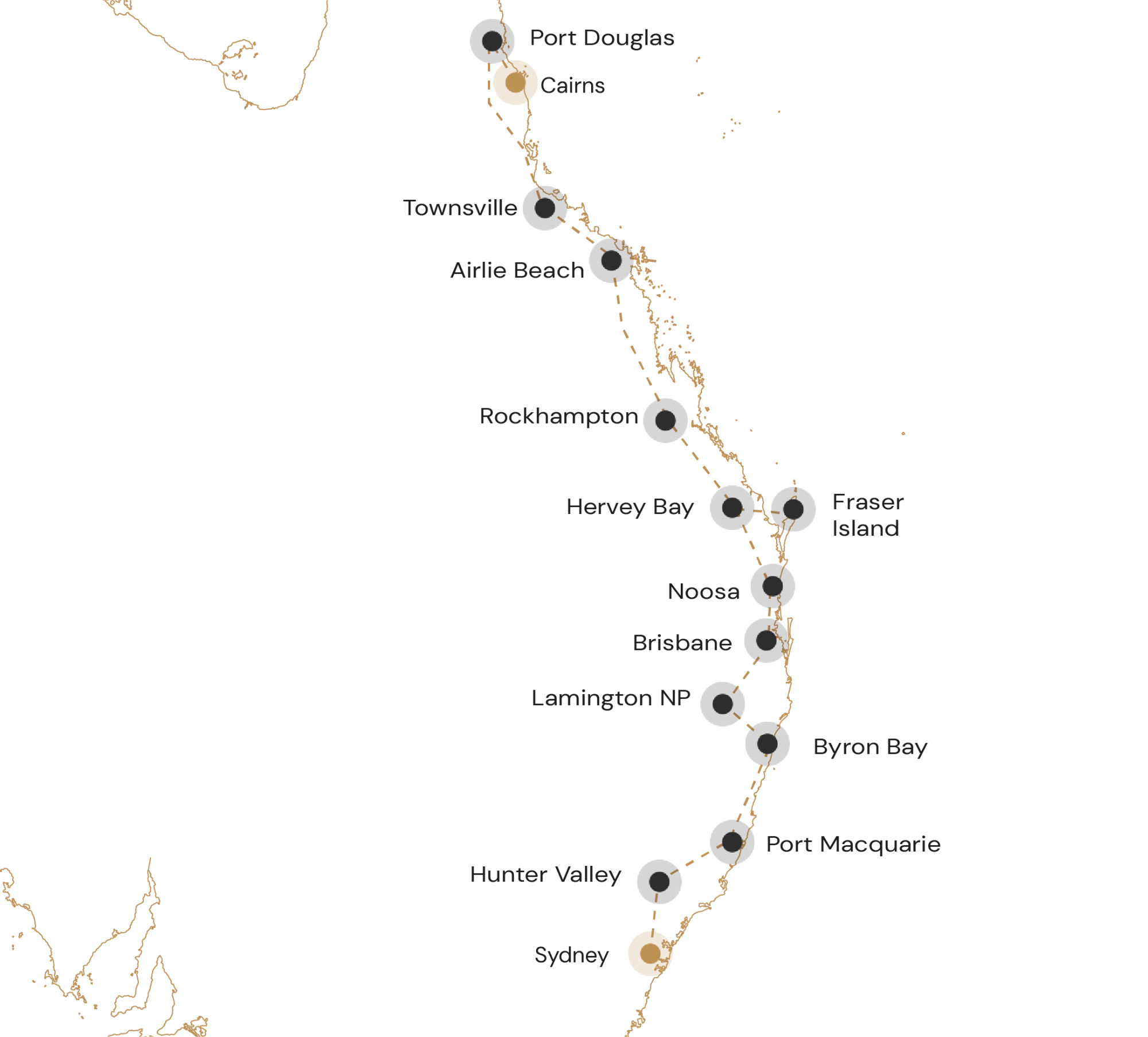 Route van Sydney naar Cairns