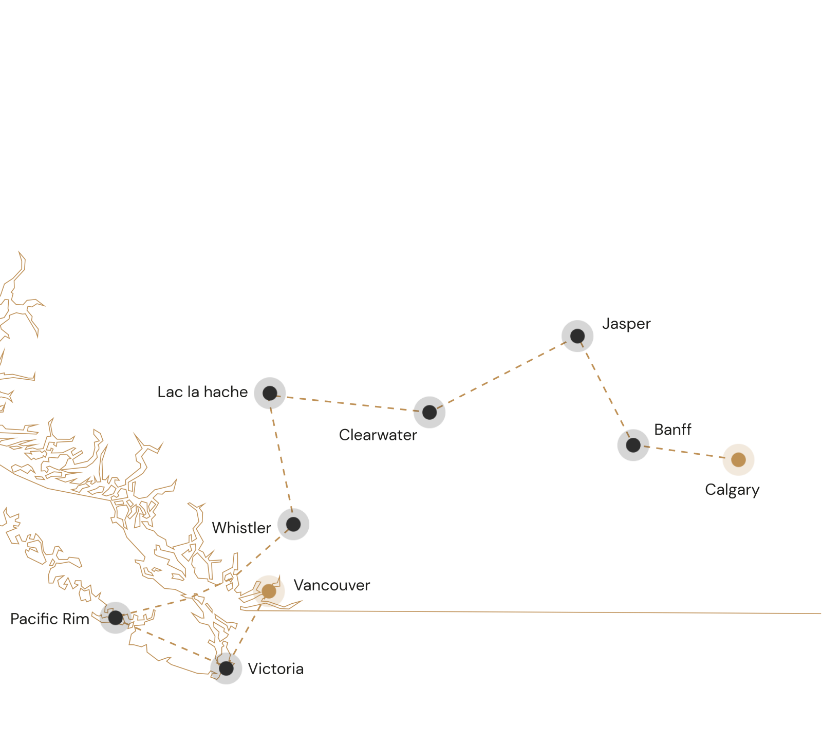 Kaartje de hoogtepunten van West-Canada
