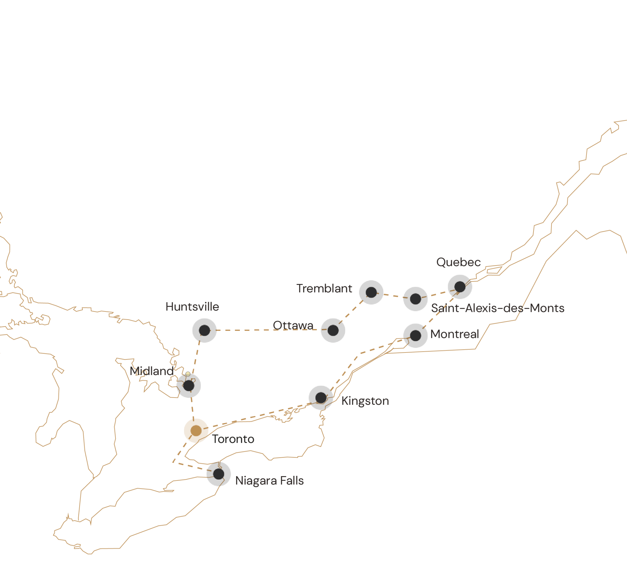 Route natuur, steden en Niagara falls in Oost-Canada