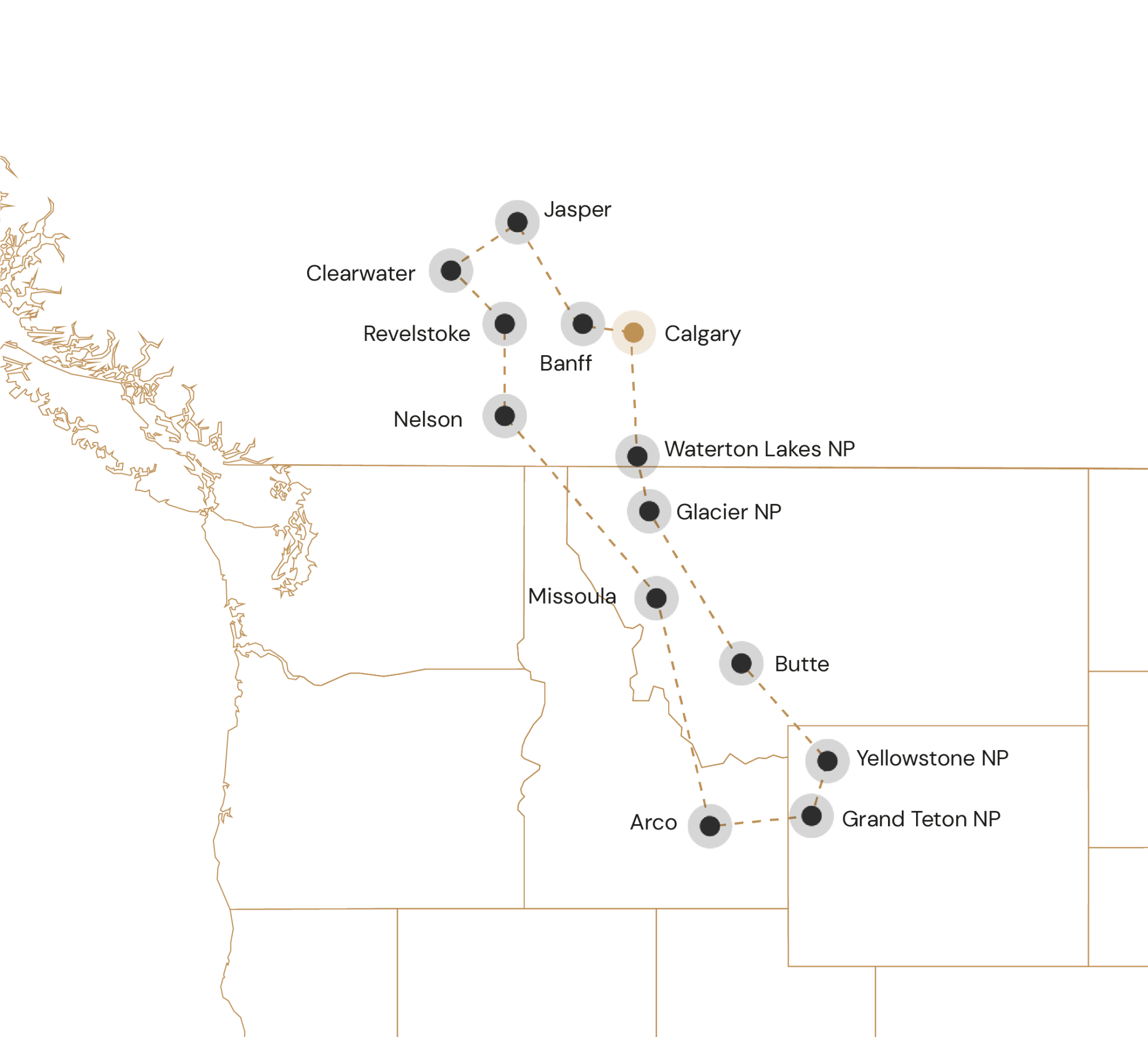 Kaartje camperrondreis de parken van de USA en Canada