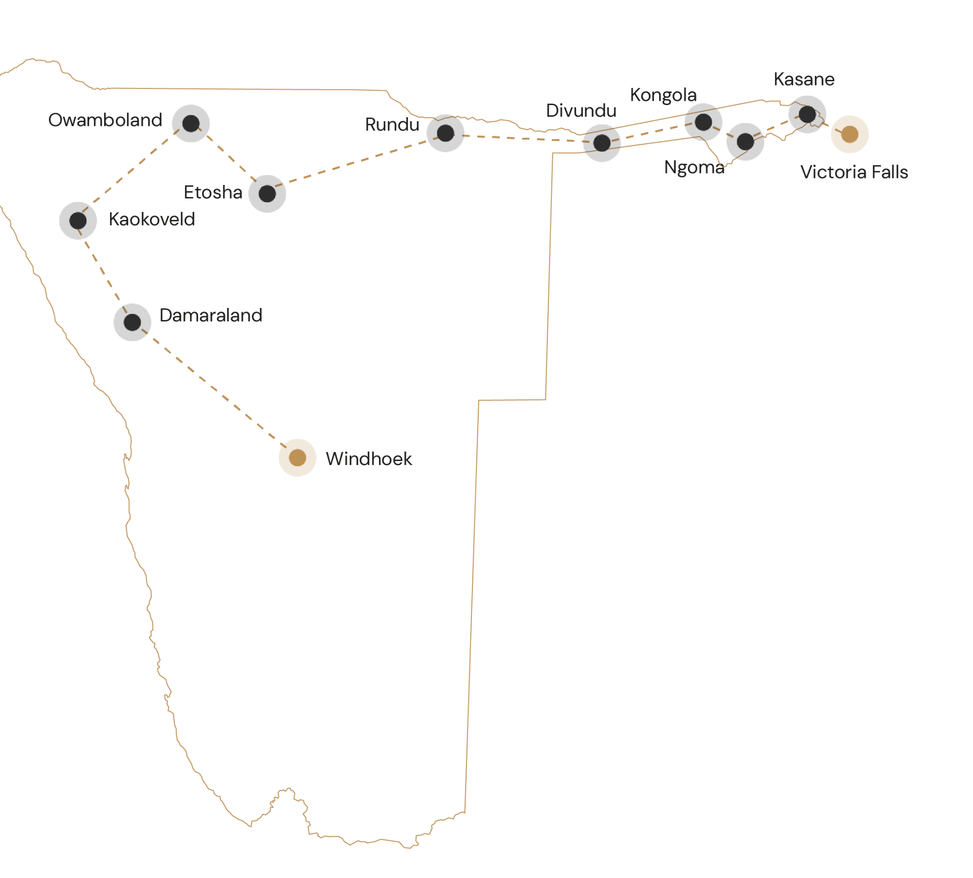 Kaartje van Windhoek naar Victoria Falls