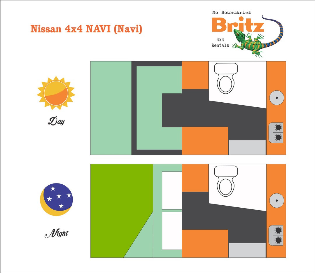 Plattegrond dag en nacht Britz NA 4x4 Single Cab 2 Berth Manual Navi