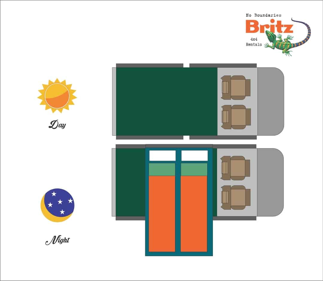 Plattegrond dag en nacht Britz NA  4x4 Single Cab 2 Berth Manual SE