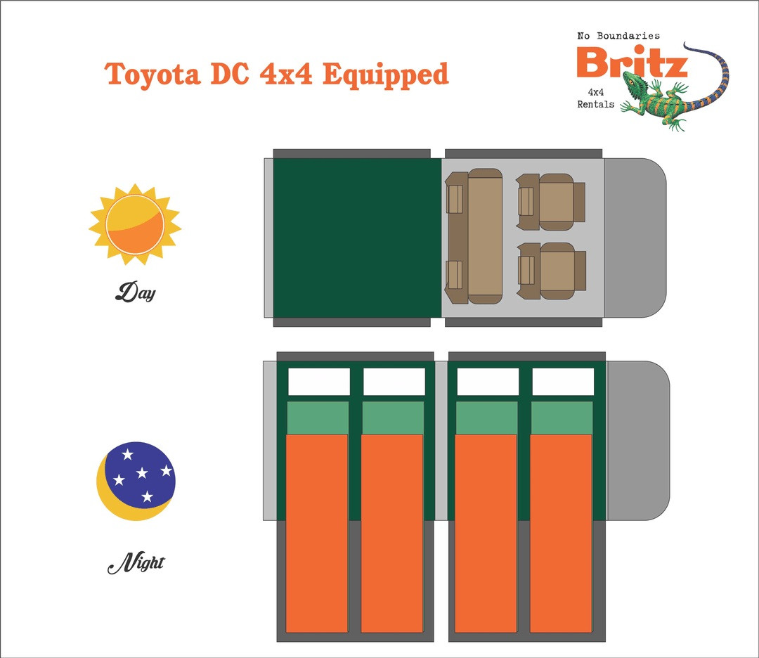 Plattegrond dag en nacht Britz ZA 4x4 Double Cab 4 Berth Manual DCE