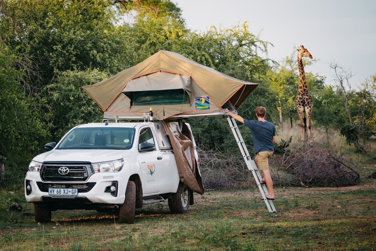 Camper  Britz ZA 4x4 Single Cab Manual 2 Berth (SE) bij een giraffe